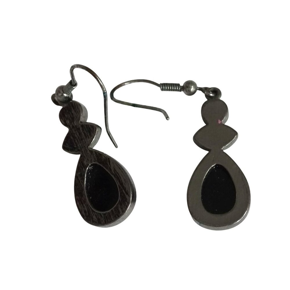 Black and Silver Tone Dangling Hanging Earrings With Faceted Stones  2 inch Drop - Picture 3 of 4
